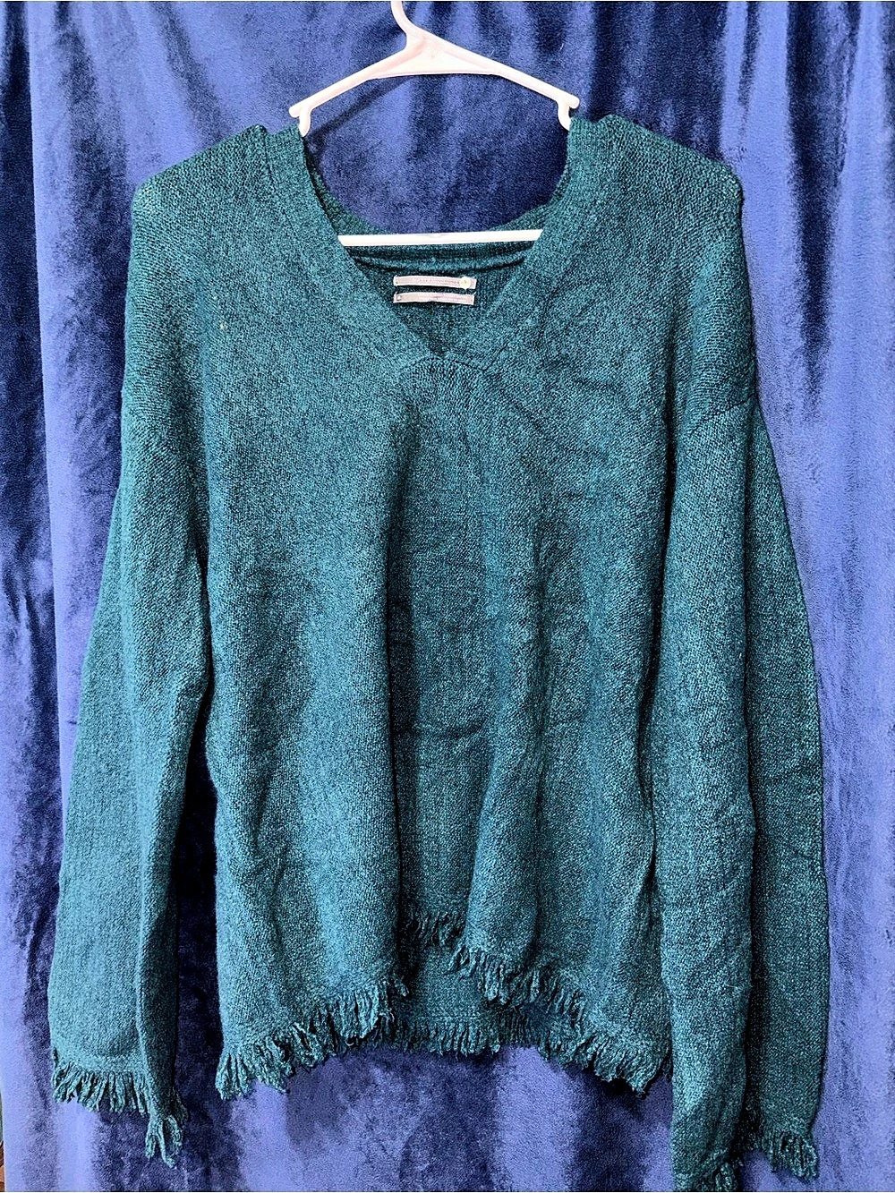 Anthropologie Joy Fringed V-Neck Sweater Blue
